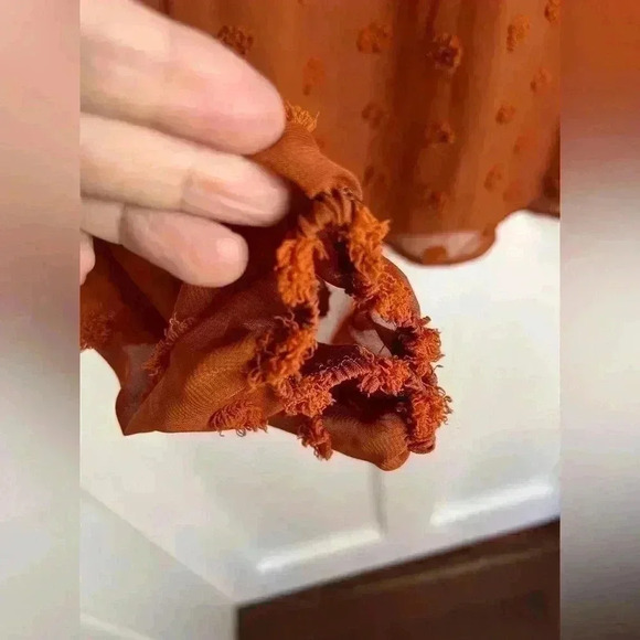 SHEIN Orange Blouse with Pom Poms and a Singapore Collar Size  Lg. - Picture 5 of 10